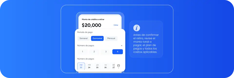 Ejemplo de revisión del monto y el plan de pagos antes de confirmar