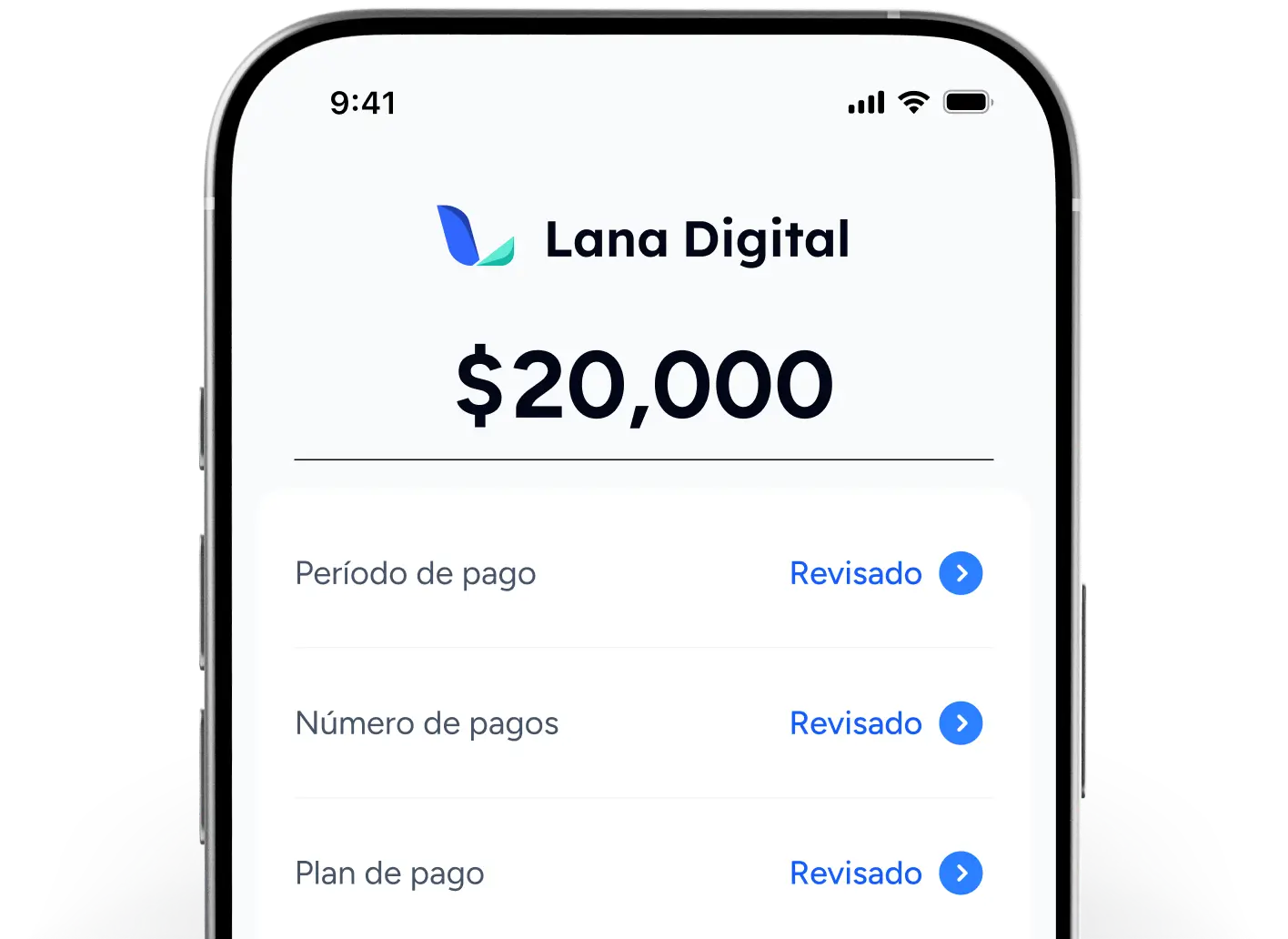 Pantalla de Lana Digital con condiciones de crédito
